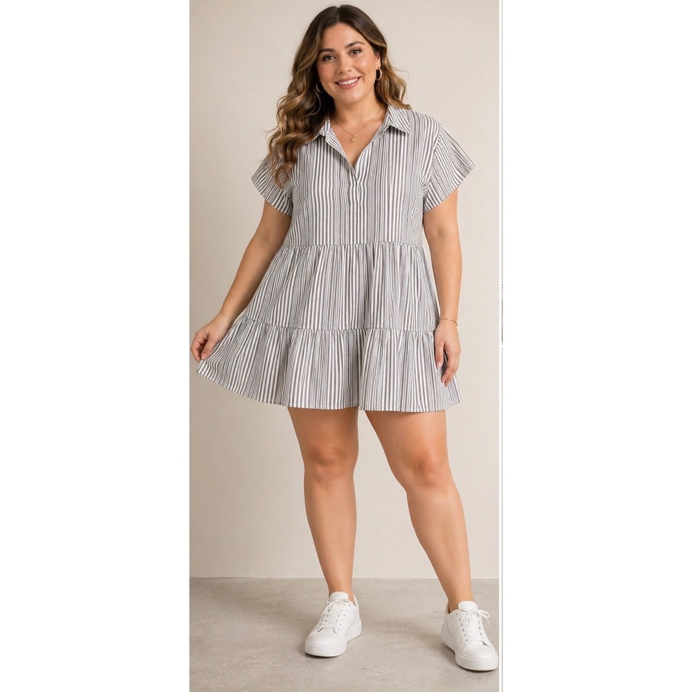 TORRID Gray White Stripe Tiered Mini Dress Shirt Collar Short Sleeve Plus Size 2